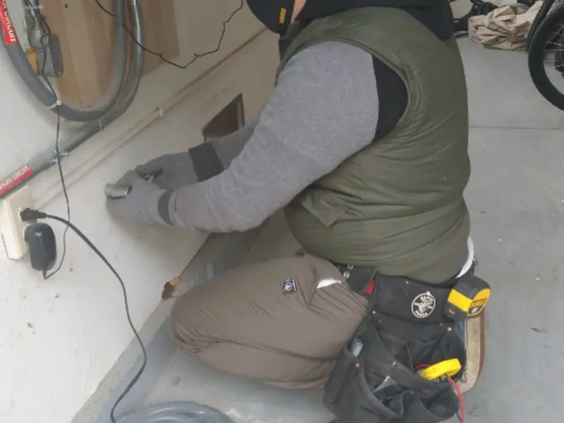 Electrician performing outlet wiring in a Glasgow Village garage